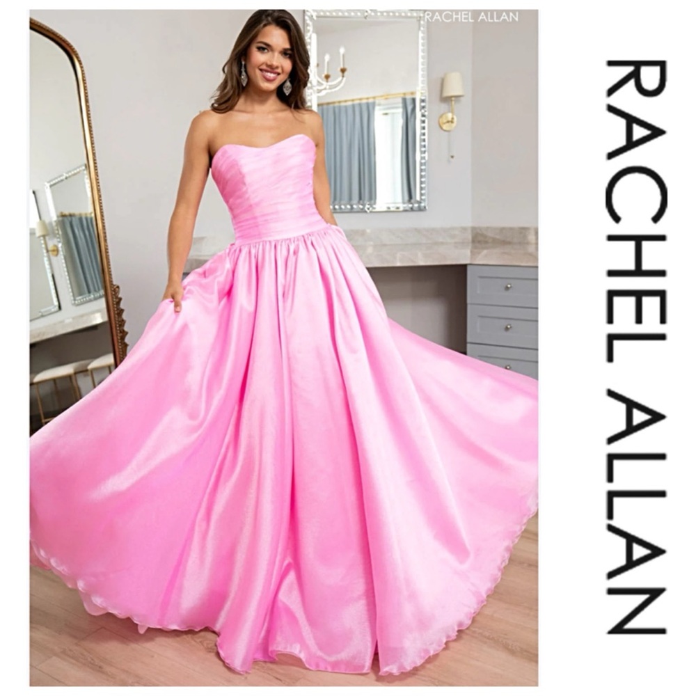 💖NWT’S-$500 RACHEL ALLAN Shimmer Organza Ball Gown Pink Satin Dress 6